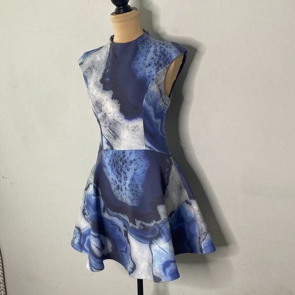 cameo Blue Marble Daydreaming Mini Dress Fit & Flare Cap Sleeves Mock Neck Small - Picture 6 of 12